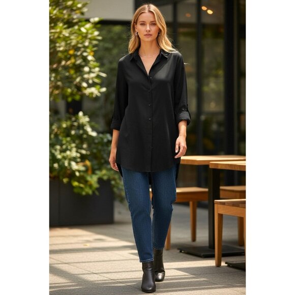 Jarbo Womens Long Sleeve Black Button-Up Tunic Shirt Euro 40 US 8 Minimalist - Picture 1 of 7